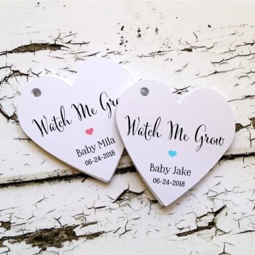 Watch Me Grow heart tags 2" with baby name and date, baby shower, party favor, succulent tag, Personalised baby boy tags