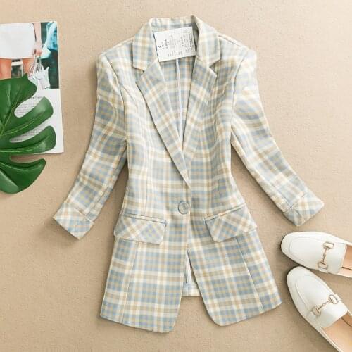 Womens Long Plaid Blazer Notched Three Quarter Sleeve Pockets Ladies Slim Outwear Spring Autumn Jacket for Female Suit 2021