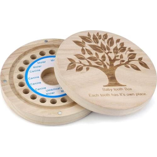 Baby Round Kids Tooth Box wood Organizer Baby Save Milk Teeth Wood Storage Box English text milk tooth case wooden