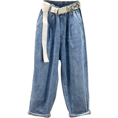 Denim Pants Woman Thin Harem Jeans 2021 Early Autumn New Stretch High Waist Loose Light Blue Jean Trousers Femme with Belt