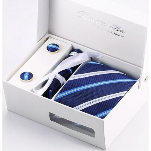 Striped Jacquard Classic Men Necktie Sets 8cm Gravatas Woven Tie Suit Tie Clips Hanky Cufflink Gift Box Party Wedding Corbatas