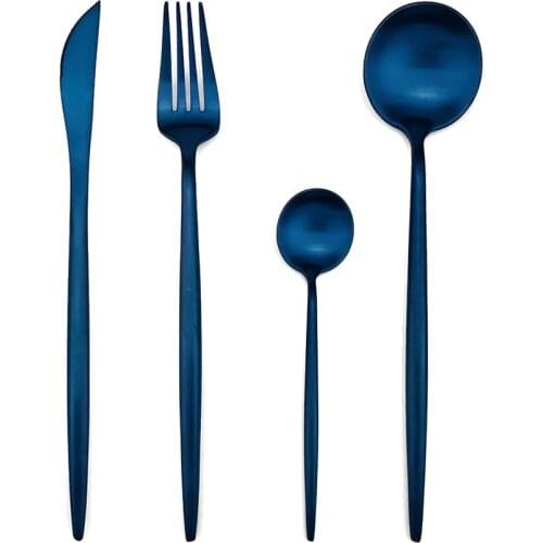 JANKNG 24pcs Blue Dinnerware Set Kitchen 304 Stainless Steel Utensils Knife Fork Tablespoon Food Tableware Cutlery Set
