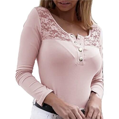 Spring and Autumn Fashion Delicate All-Match Womens Pullovers Solid Color Ladies Lace Button Long-Sleeved Bottoming Cotton Tops