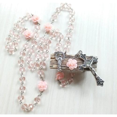 Hot Sale Pink Crystal Rose Catholic Rosary Christ Jesus Cross Necklace Religious Men And Women Available Prayer Rosary Necklace