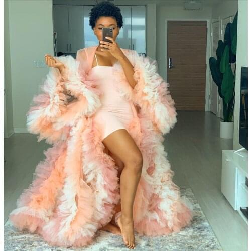 Puffy Tulle Long Dress Robe Colorful Women Sexy Sheer Tulle Maternity Robes Plus Size Ruffled Party Dresses