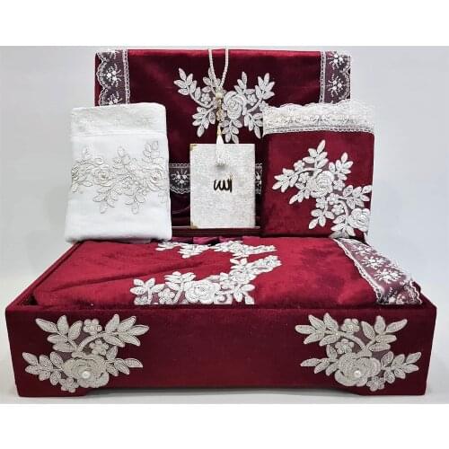 Coffer Prayer Rug Team 8 Piece French Filet Lace Velvet Bundle Set Burgundy