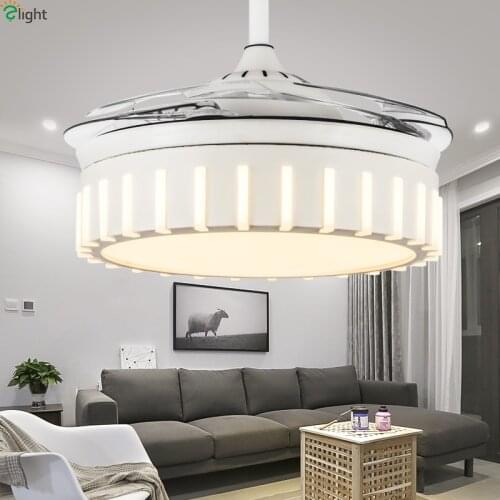 Modern Invisible Acrylic Led Ceiling Fans Dining Room White Metal Led Ceiling Fan Bedroom Dimmable Ceiling Fan Lights Fixtures