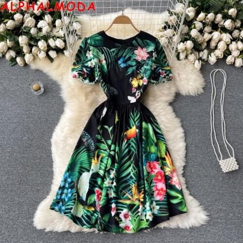 ALPHALMODA Elegant Women Summer Printed Dress Tropical Plant Printed Holiday Short-sleeved Ladies Vintage Holiday Dress