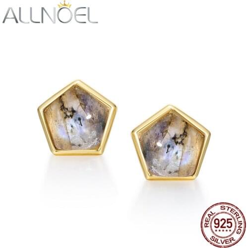 ALLNOEL 2020 New Unusual Earrings For Women Pentagon Natural Labradorite Solid 925 Sterling Silver Stud Earrings Christmas Gift
