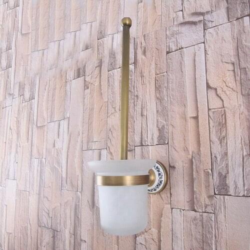Antique Brass Wall Mounted Toilet Brush & Holder Set White Brush Glass Cup Bathroom Accessory aba784