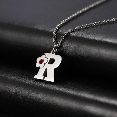 Teamer Flower Crystal 26 Capital Letter Pendant Necklace A-Z Alphabet Stainless Steel Chain Necklaces for Women B C D E F G H I