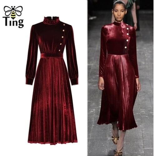 Tingfly Fashion Runway Velvet Pleated Midi Long Dress Vintage Elegant Button Pleated Velvet Party Dresses Lady Work Plus Size ZA