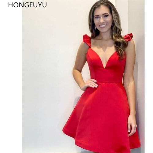 HONGFUYU A Line Satin Homecoming Party Dresses Red Short Simple Prom Cocktail Gowns for Women Formal Dresses Zipper Backless