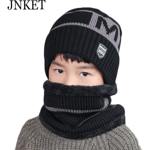 JNKET Winter Hats Neck Warmer Knitted Hat Sets Child Beanies Hat Fleece Lining Skullcap Scarf Elastic Knitted Cap Gorras Bonnet