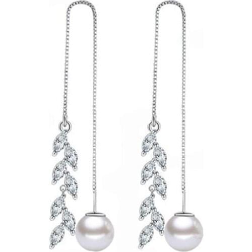 925 Sterling Silver Fashion Long Tassel Ear Line Pearl Earrings WIth Box Chain Zircon Flower Leaves Dangle Earring S-E282