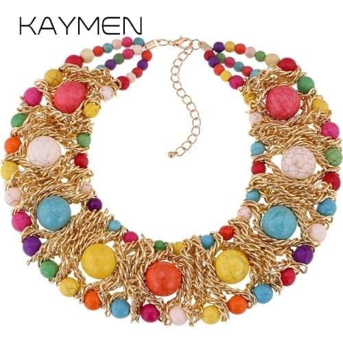 Kaymen Fashion Jewelry New Imitation Kallaite Stone Stands Weaving Statement Necklace for Women Party Jewelry 3 Colors NK-01356