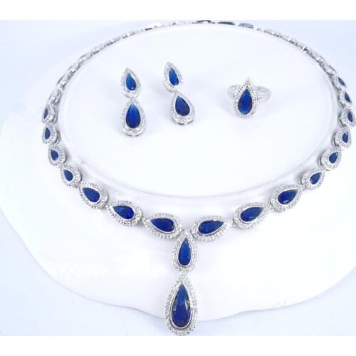 2020 new fashion luxury blue water drop zircon necklace earring set,wedding bridel party banquet dress jewelry free shipping