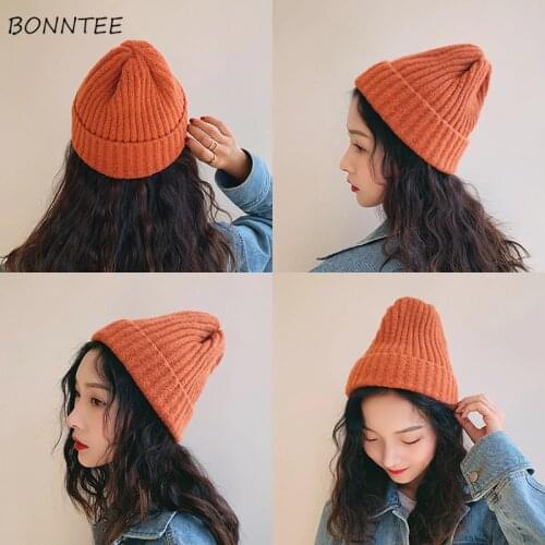 Beanies Women Solid Knitted Casual Warm Skullies Korean Style Elegant Student Hats Chic Womens Lovely Caps Autumn Winter Fashion