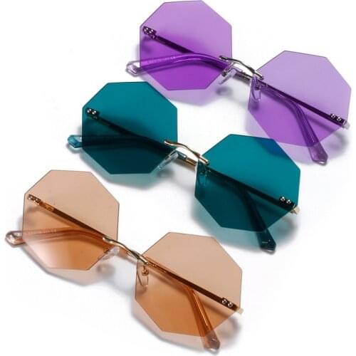 Seemfly Octagonal Rimless Sunglasses Womens Retro Metallic Sun Glasses UV Protection New Fashion Cutting Lens Eyewear UV400