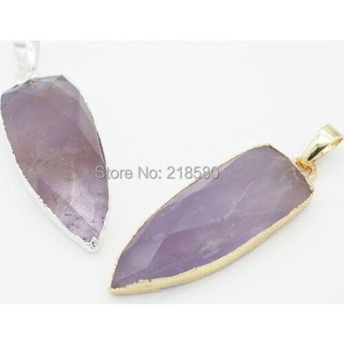 P15052209 Amethysts Quartz Dagger Shaped Pendant- Gold or Silver Bezel Charm Pendant