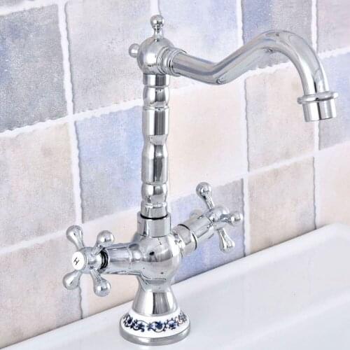 Bathroom Faucet Chrome Double Cross Handles Bathroom Basin Faucets Deck Mount Bathbasin Vanity Mixer Tap Nsf667