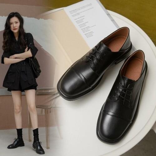 Genuine Leather Spring/Autumn Women Loafers Square Toe Chunky Heel 2021 Fashion Women Shoes Lace-up Walk Shoes Low Heel Pumps