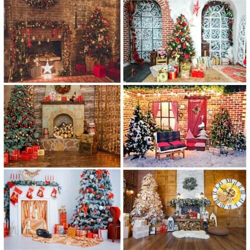 Vinyl Custom Christmas Day Photography Backdrops Prop Christmas Tree Fireplace Photographic Background Cloth 21710CHM-005