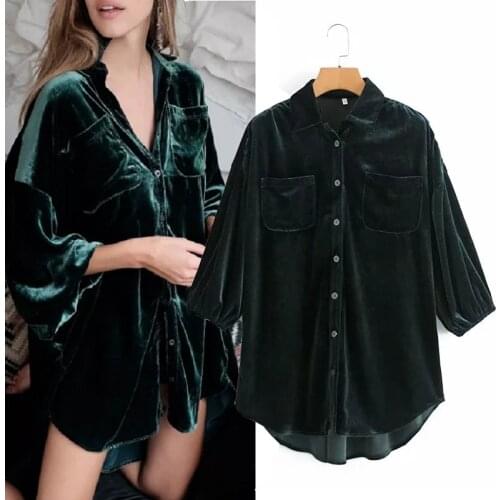 Za 2020 Fashion Velvet Loose Shirt Blouse Vintage Long Sleeve Button-up Female Shirts Chic Tops Women Clothing