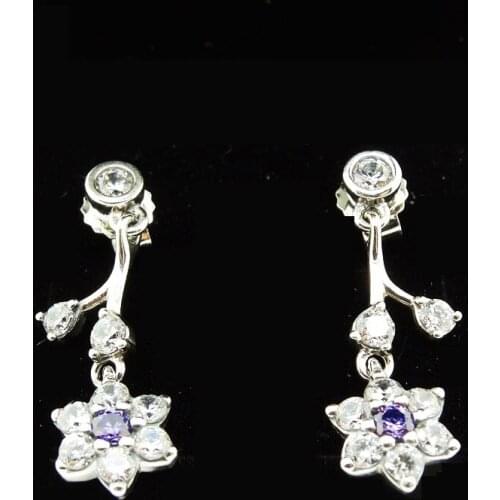 Clear CZ & Purple CZ Flower Drop Earrings Crystal Long Dangle Earrings for Women Fashion 925 Sterling Silver Earrings Jewelry