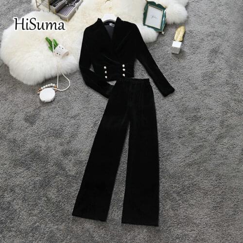 2020 winter new women chic Deep V-neck double breasted velvet shirt + high waist Wide leg trousers suit female two piece set