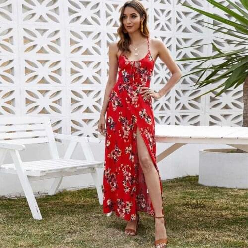 Floral Fashion Casual Ladies 2021 Spring Summer Dress Spaghetti Strap High Waist Backless Sexy Split Fork Womens Dress