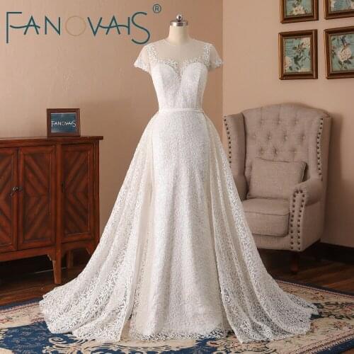 Glitter Lace Mermaid Wedding Dresses With Detachable Train Cap Sleeves Vestido de Novia Robe Mariage 2019 Vintage bridal gowns