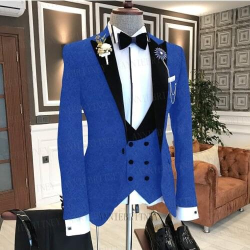 2021 Formal Suit Men 3 Pieces Jacquard Royal Blue Jacket Custom Fashion Groom Wedding Suit Tuxedo Peaked Lapel Blazer Vest Pants