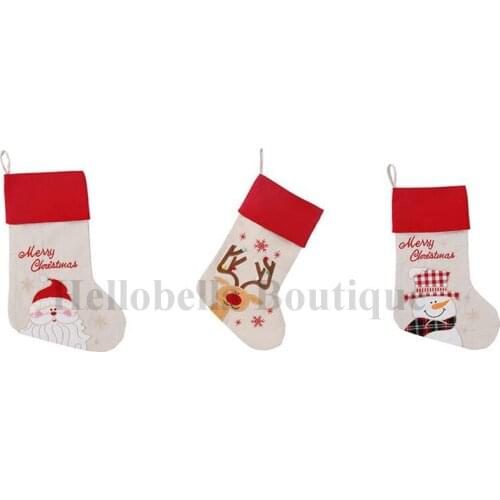 50 pcs Christmas Stockings Santa Snowman Reindeer Embroidered Xmas Character Plush Canvas Stocking