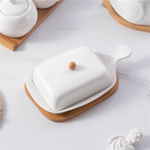 Bamboo butter tray with handle ceramic bamboo tray simple solid color rectangular butter dish pure bone china dish with lid