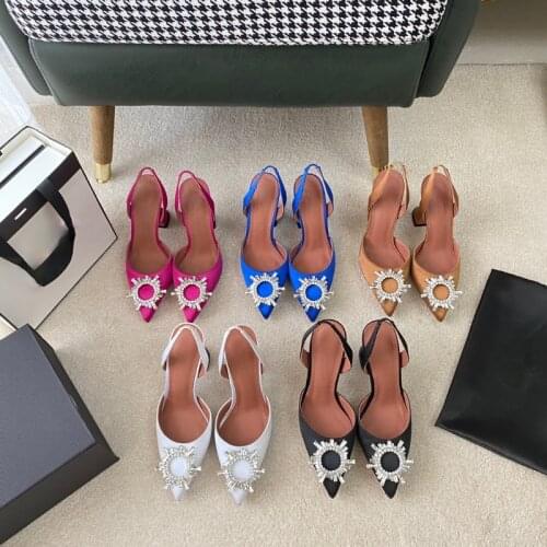 Spring and Summer New Pointed Rhinestone High Heel Sandals Satin Sexy Sun Flower Buckle High Heels Women