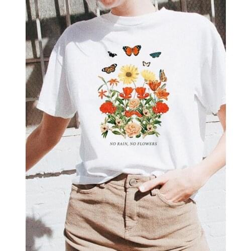 No Rain No Flowers Tee Vintage Inspired Graphic T-shirt Featuring Flowers and Butterfly Graphics Shirts Summer Fashion Tops