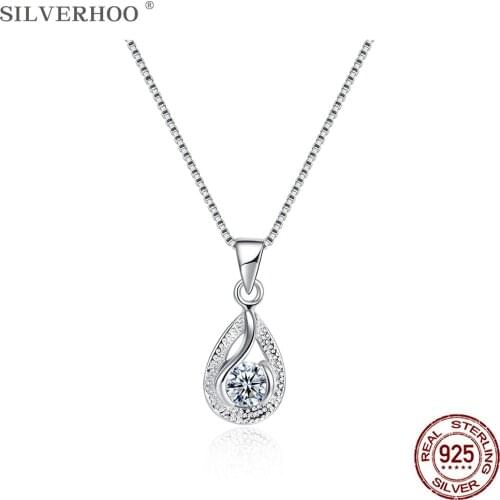 SILVERHOO 100% 925 Sterling Silver Simple Water Drop Pendant Necklaces Bright Cubic Zirconia Necklace For Women Luxury Jewelry