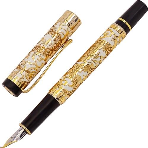 Jinhao 5000 Vintage Luxury Metal Calligraphy Fountain Pen Bent Nib Beautiful Dragon Texture Carving, Golden & White Office Pen
