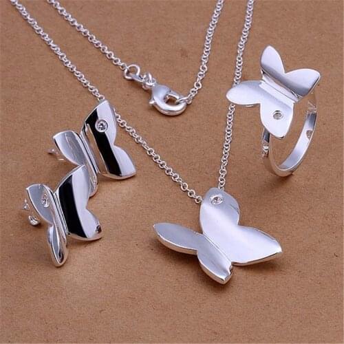 New silver color jewelry set fashion women glamor glossy cute butterfly pendant necklace ring Stud Earrings S347