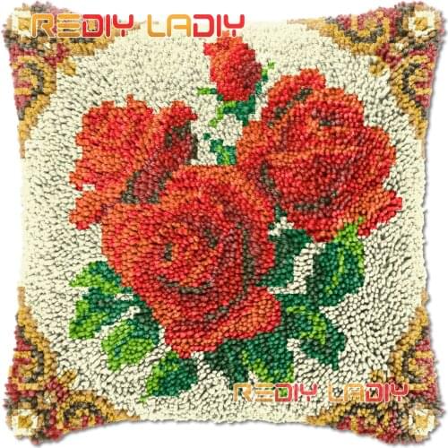 Latch Hook Cushion Cover Red Roses Needlepoint Kits Chunky Acrylic Yarn Crocheting Pillow Case Arts & Crafts