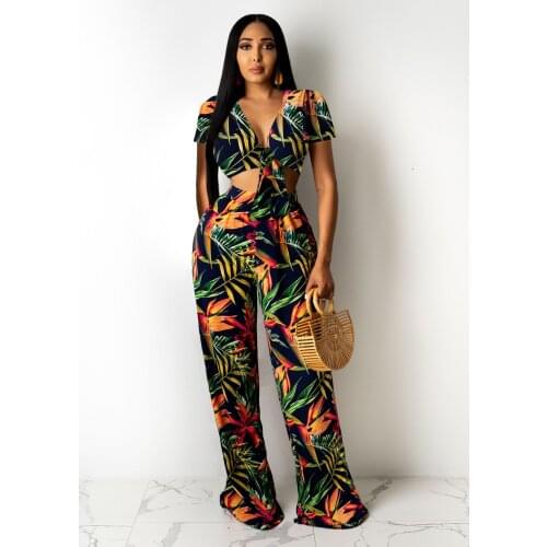 2021 Summer Ladies Casual Fashion Street Sexy Beach Holiday Style Print Band-Up Wide Leg Pants 2-piece Set