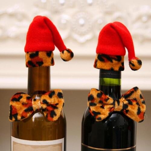 Lovely Bowtie Christmas Hat Leopard Wine Bottle Cover Xmas Party Table Decor