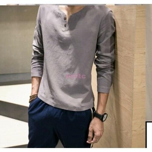 Fashion Mens Casual Cotton Linen Long Sleeve Slim Fit Base Shirt