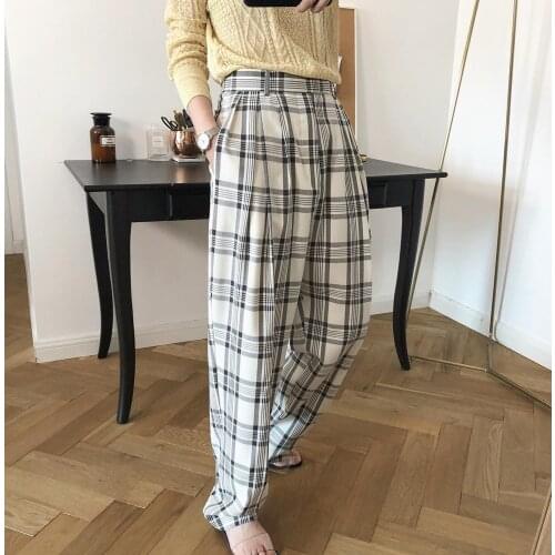 Obrix Casual Style Plaid High Waist Female Pants Light Stylish Summer Spring Trousers For Women