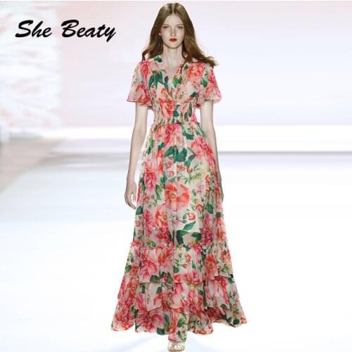 She Beaty Runway Fashion Maxi Dresses For Women High Street Pink Floral Printed Ruched Vacation Boho Ladies Chic Y2k Party Dress