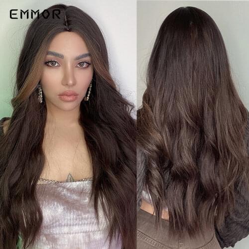 Emmor Natural Honey Brown Wavy Wig for Women Middle Part Synthetic Wave Wigs Heat Resistant Fiber Cosplay Party Hair Wig