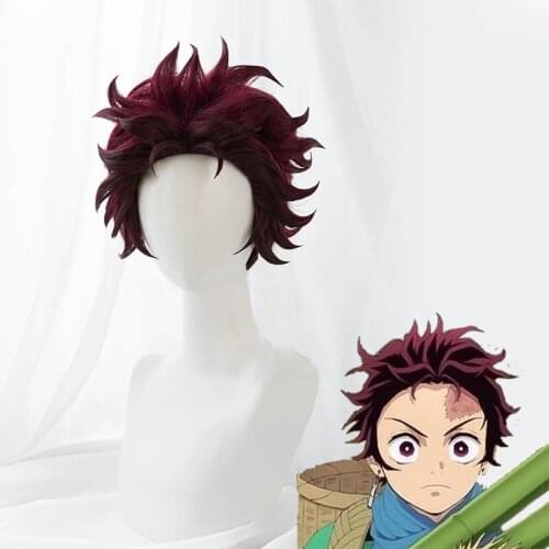 Kamado Tanjirou Wig Demon Slayer: Kimetsu no Yaiba Dark Red Heat Resistant Synthetic Hair Wigs + Wig Cap