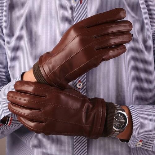 Fashion Mens Leather Gloves Real Sheepskin Men Genuine Leather Wrist Solid Autumn Warm Mittens Male Driving Gloves Free Shipping