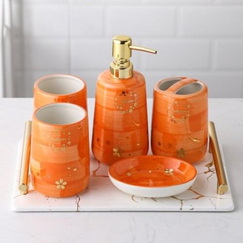 Hand-Painted Ceramic Tray with Handle Bathroom Five-piece Toiletry Set Wedding Bathroom Supplies Brushing Mouthwash Cup